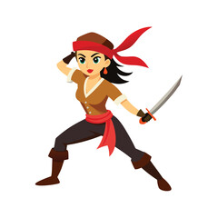 Female pirate with red bandana and sword in bold attack Vector illustration