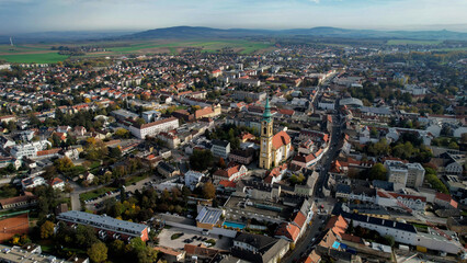 Aerial view around the old town of the city Stockerau an der Donau, Austria on a sunny morning in autumn	
