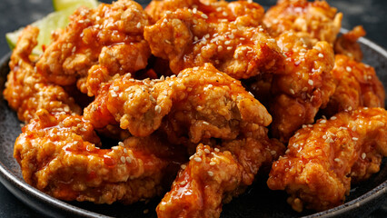 Korean fried chicken with spicy sauce and sesame seeds