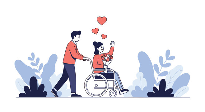 A man pushing a woman in a wheelchair surrounded by plants and hearts symbolizing love and care