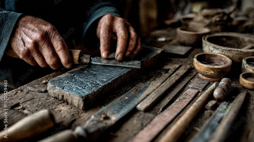 Aufkleber first-person view of hands sharpening tool on whetstone in rustic workshop