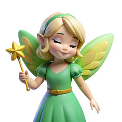 Fototapeta premium Charming blonde fairy with green dress and star wand isolated on transparent background