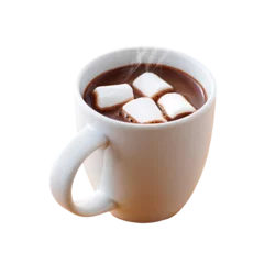 Fotobehang Chocolade Steaming hot chocolate in a white mug with marshmallows isolated on transparent background  © GFX RASEL