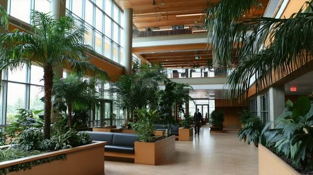 Lush atrium with abundant greenery, natural light, and seating areas