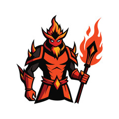 Naklejka premium Molten blade warrior mascot with fiery armor flames Vector illustration