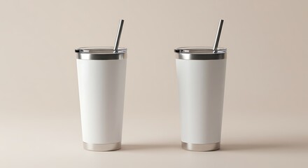 White Stainless Steel Tumblers with Straws - Mockup Template