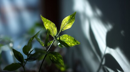 A plant with green leaves is illuminated by sunlight creating shadows on the wall