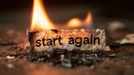 A close up of a piece of paper with the words start again on it burning with bright flames