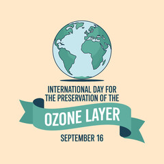 International Day for the Preservation of the Ozone Layer Vector Graphic with Earth Globe and Teal Ribbon Banner, Promoting Environmental Awareness and Protection on September 16th.