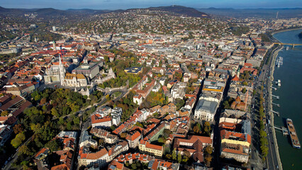 Aerial panoramic view around the downtown of the capitol city Budapest in Hungary on a sunny autumn...