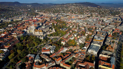 Aerial panoramic view around the downtown of the capitol city Budapest in Hungary on a sunny autumn...