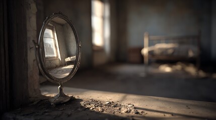 Oval mirror reflecting a window standing on a dusty surface in a derelict room