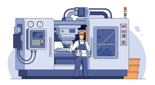 Modern manufacturing facility operator standing beside advanced cnc machining equipment in a production environment