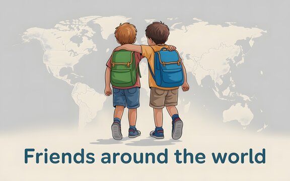 Two young boys with backpacks embracing symbolizing global friendship and adventure