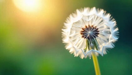 Delicate Dandelion Seeds Floating on Summer Breeze, Sunlight Illuminating Ethereal Texture; Perfect for themes of lightness, fragility, and the passage of time.
