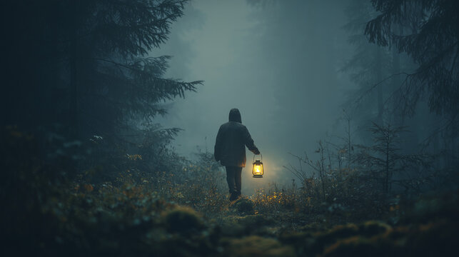 A person boldly walking through a dim forest holding a lantern high, casting light ahead confidently stepping forward, unafraid symbolic of carrying God’s light without shrinking back retro adventure 
