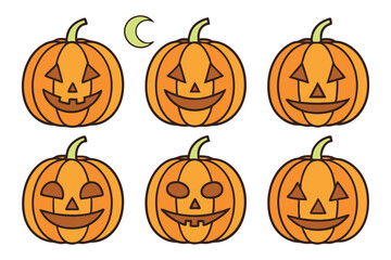 Six orange jack o lanterns with green stems and a crescent moon halloween pumpkin