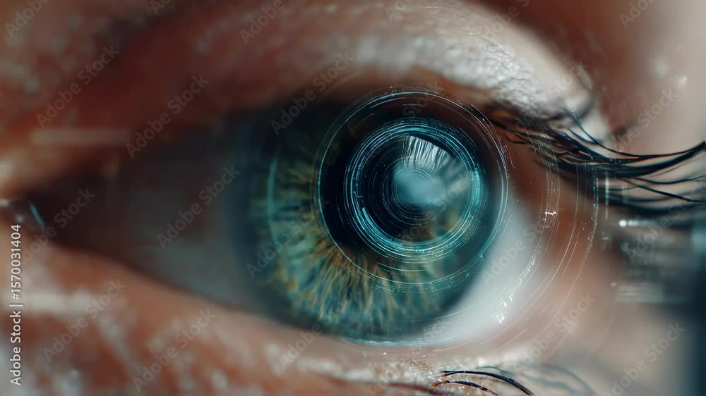 Poster close up of a human eye with futuristic digital display scanning and processing data, showcasing the