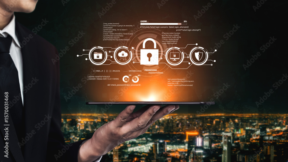 Poster cyber security protects against breaches, hacks, and network attacks using strong infrastructure and