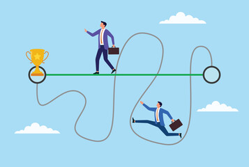 Vector illustration of two businessmen aiming for success, one takes a straight, direct path while the other navigates a winding, challenging road, symbolizing different journeys to achievement
