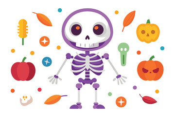 Purple skeleton surrounded by Halloween elements orange pumpkin