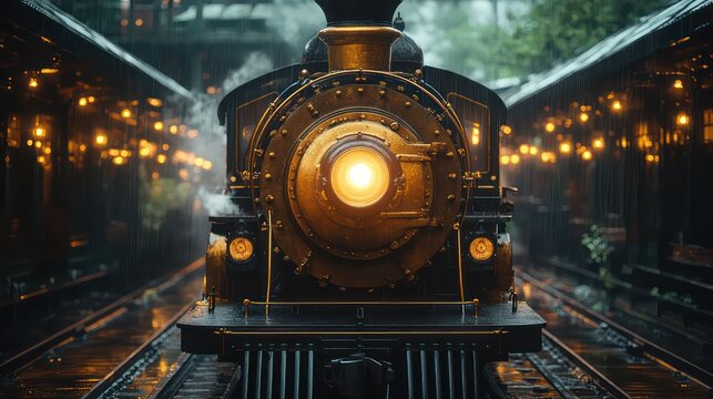 Dramatic close-up of locomotive front with powerful headlights and detailed metal design
