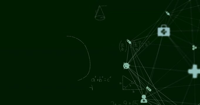Visualizing network starting with chalk line drawing diagrams and icons linking into medical mesh