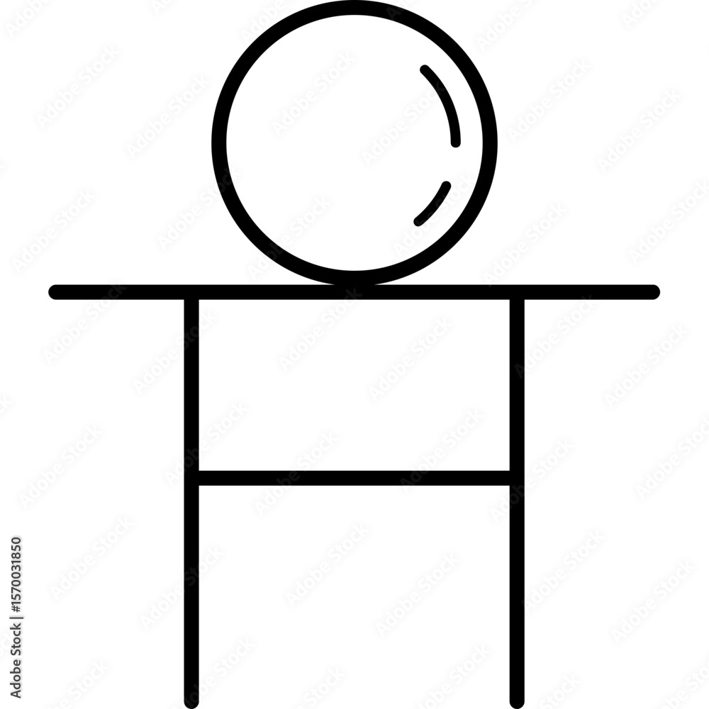 Poster simple illustration of a sphere resting on a table like structure with clean black and white lines