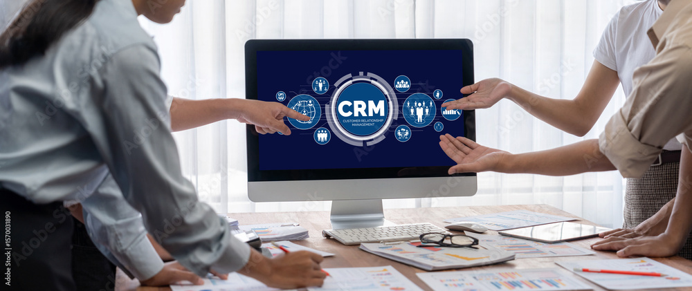 Poster Customer relationship management system on brisk computer for CRM business and enterprise