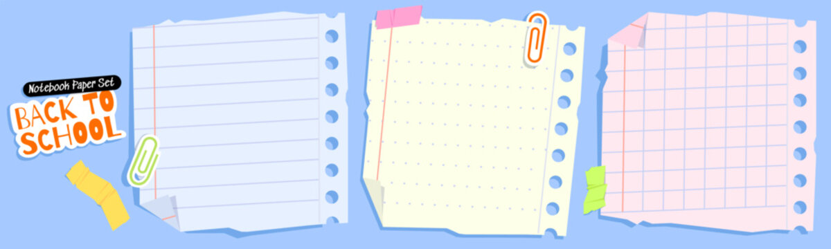A set of three torn notebook pages with different backgrounds: lined, dotted, and squared paper, ideal for school-themed designs, digital scrapbooking, stickers, or planners. back-to-school