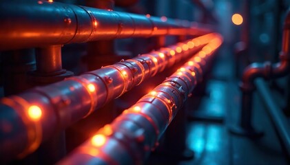 Glowing Metal Pipes Intricate Network of Illuminated Tubes Creates a Mesmerizing Warm Light Pattern, Perfect for Industrial, Abstract, or Technology Designs.