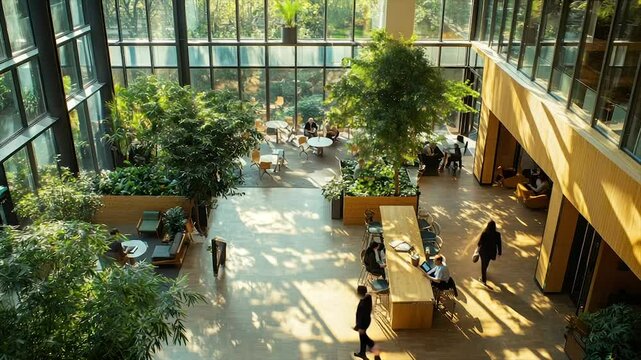 Sunlit atrium with abundant greenery, seating areas, and people working and relaxing