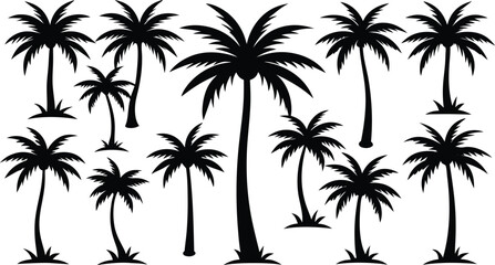 Palm tree silhouettes on tropical beach with sun and sea background vector illustration