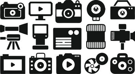 A diverse set of black and white vector icons for web, business, and technology illustrations, encompassing symbols for communication, media, and computer equipment
