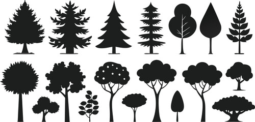 A diverse collection of tree silhouettes for nature-inspired vector designs, including oak, pine, and palm