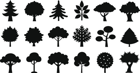 A diverse vector set of tree silhouettes including pine, palm, oak, and birch, perfect for nature and forest illustrations