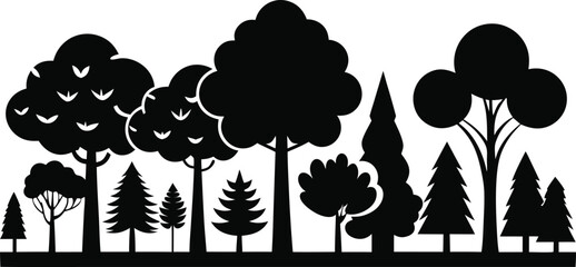 Set of vector tree silhouettes illustrating diverse nature elements like pine, birch, and oak branches, perfect for design and decoration