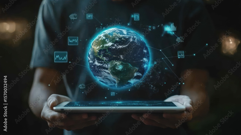 Poster global connectivity and data analysis visualization on a digital tablet device in human hands