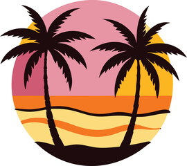 Tropical Sunset Paradise: Two palm trees stand silhouetted against a vivid sunset, their fronds gently swaying in the warm ocean breeze. The perfect island escape.