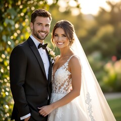 Romantic Outdoor Wedding Couple Photo – Bride in Lace Gown and Groom in Tuxedo, Golden Sunlight, Natural Candid Style