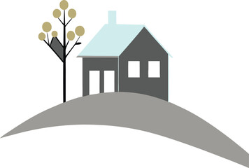 Cozy Home Illustration: Simple graphic of a charming house, nestled beside a stylized tree on a gentle slope, representing serenity and domestic bliss.