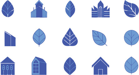 Architectural and Leaf Icons: A collection of clean and modern architectural and leaf icons, arranged in a grid pattern, representing nature and building structures.
