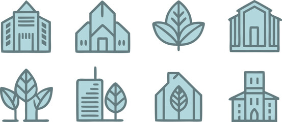 Architectural and Botanical Harmony: A collection of artistic architectural and natural illustrations showcases a series of buildings and plant forms.