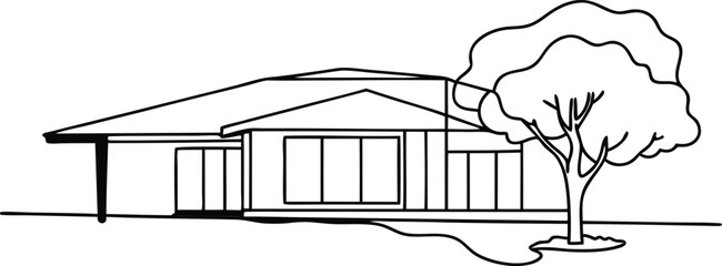 Modern Home Outline with Tree: A clean and simple line drawing of a contemporary house, set against a backdrop featuring a mature tree, representing modern living.