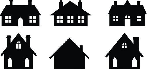 House Icons Set: An array of house silhouettes, diverse in architectural style, captures the essence of home and domesticity in simple house icon designs.