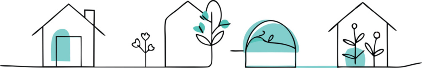 "Eco-Friendly Garden Homes: minimalist illustration. Featuring a set of charming house structures blossoming with the gentle beauty of nature, celebrating harmony of green spaces.