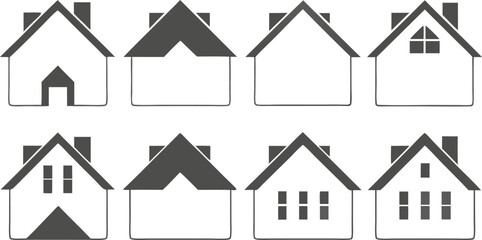 Architectural Assembly: An array of detailed, minimalist house illustrations showcases the fundamental elements of residential design, perfectly rendered in a clean.