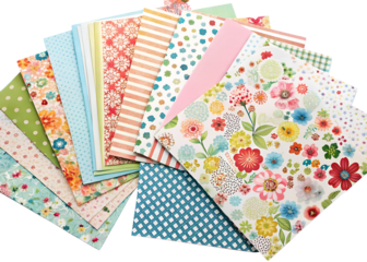 Colorful patterned papers arranged on transparent background showing various floral and geometric designs, ideal for crafts and scrapbooking projects.
