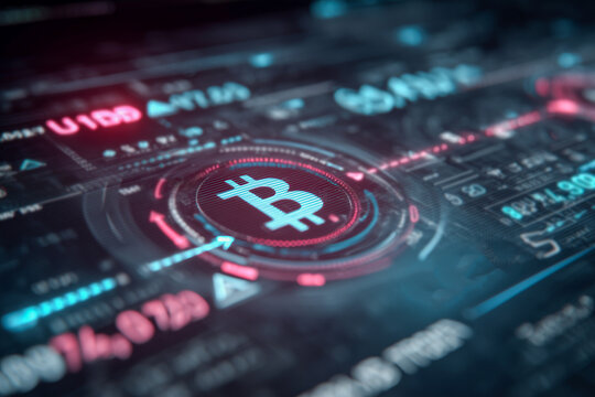 A sophisticated digital display features a prominent Bitcoin symbol at its center, surrounded by an intricate interface with financial data, graphs, and holographic elements representing cryptocurrenc