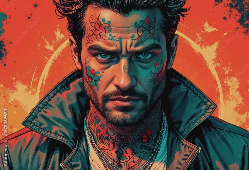 Poster maximalist portrait featuring vibrant color clashes and intricate patterns